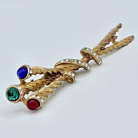 Vintage Gripoix Brooch Royal Scepter Ornamented Staff Red Green Blue Jeweled Pin - Picture 7 of 10